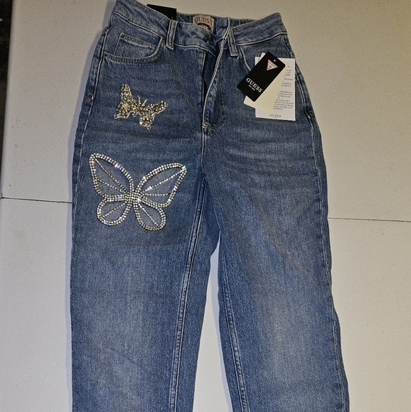 Guess Mom Style high rise jeans with rhinestone embellished butterflies 🦋 NWT - Picture 2 of 13